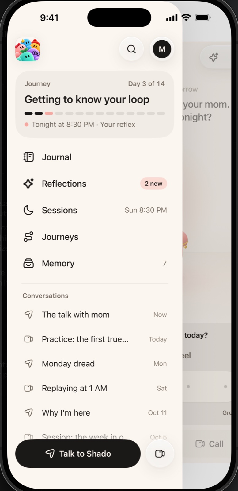 Shado 2.0 menu preview showing Journal, Reflections, Sessions, Journeys, and Memory